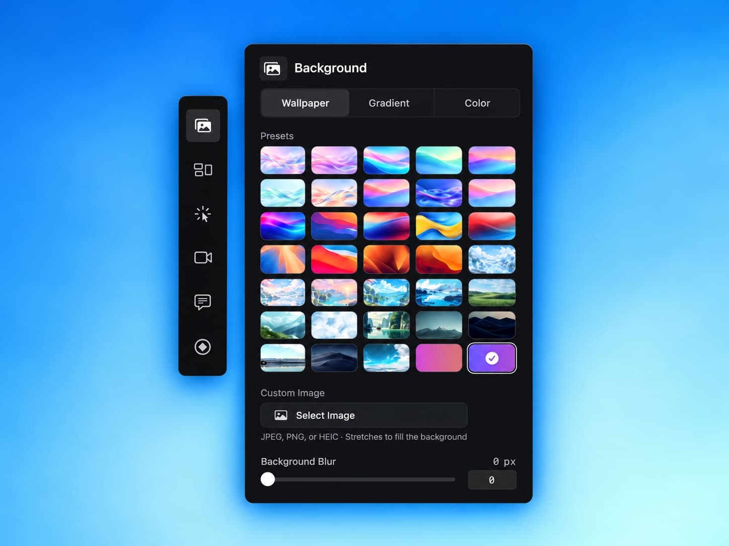 The Background tab in the editor inspector, with Wallpaper, Gradient, and Color tabs, a grid of wallpaper presets, a Select Image button for a custom image, and a Background Blur slider