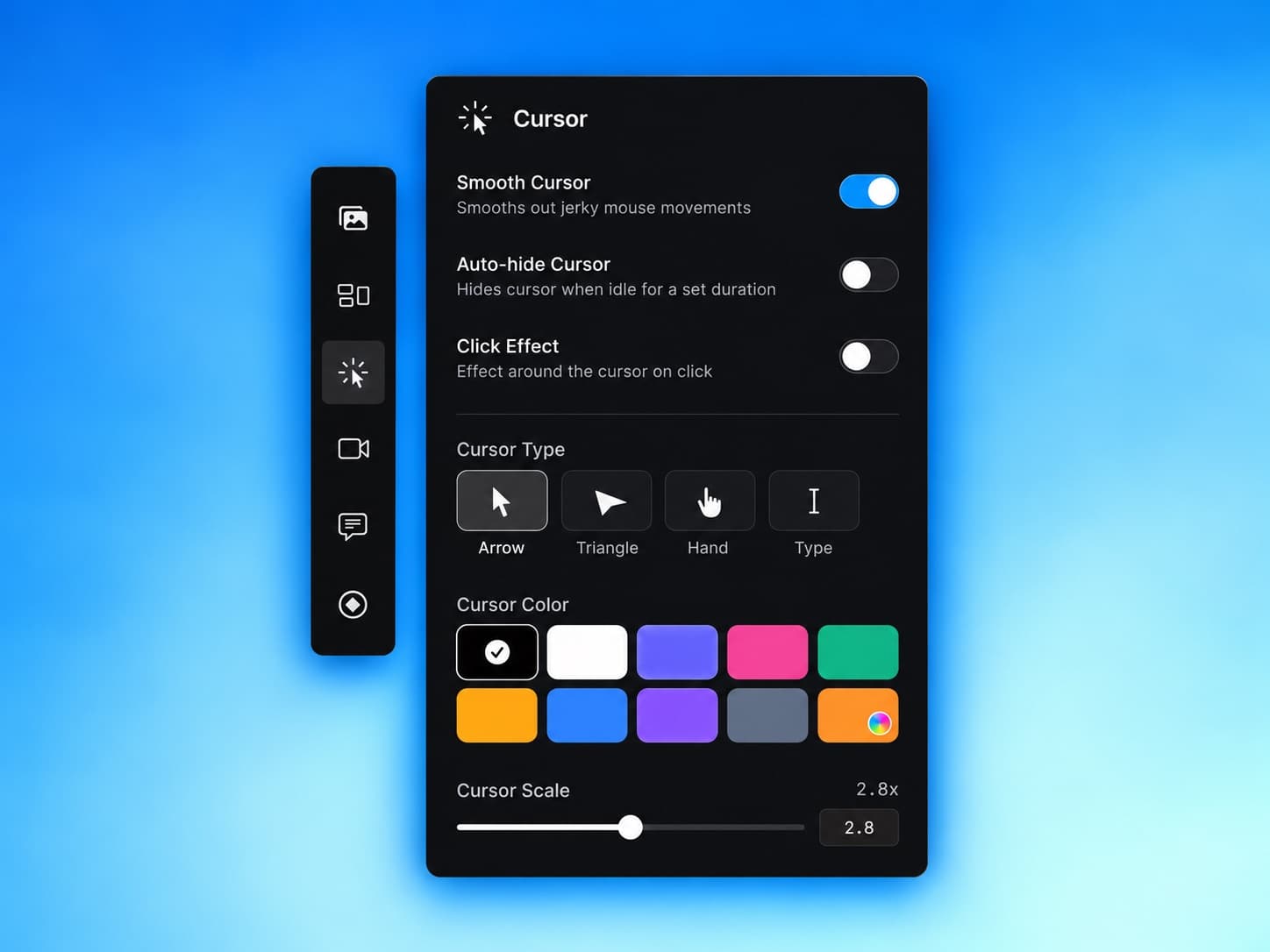 The Cursor tab in the editor inspector, with Smooth Cursor, Auto-hide Cursor, and Click Effect switches, four cursor types, ten color swatches, and a Cursor Scale slider