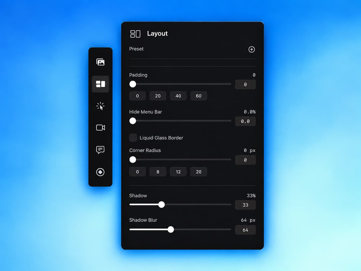 The Layout tab in the editor inspector, with Preset, Padding, Hide Menu Bar, Liquid Glass Border, Corner Radius, Shadow, and Shadow Blur controls