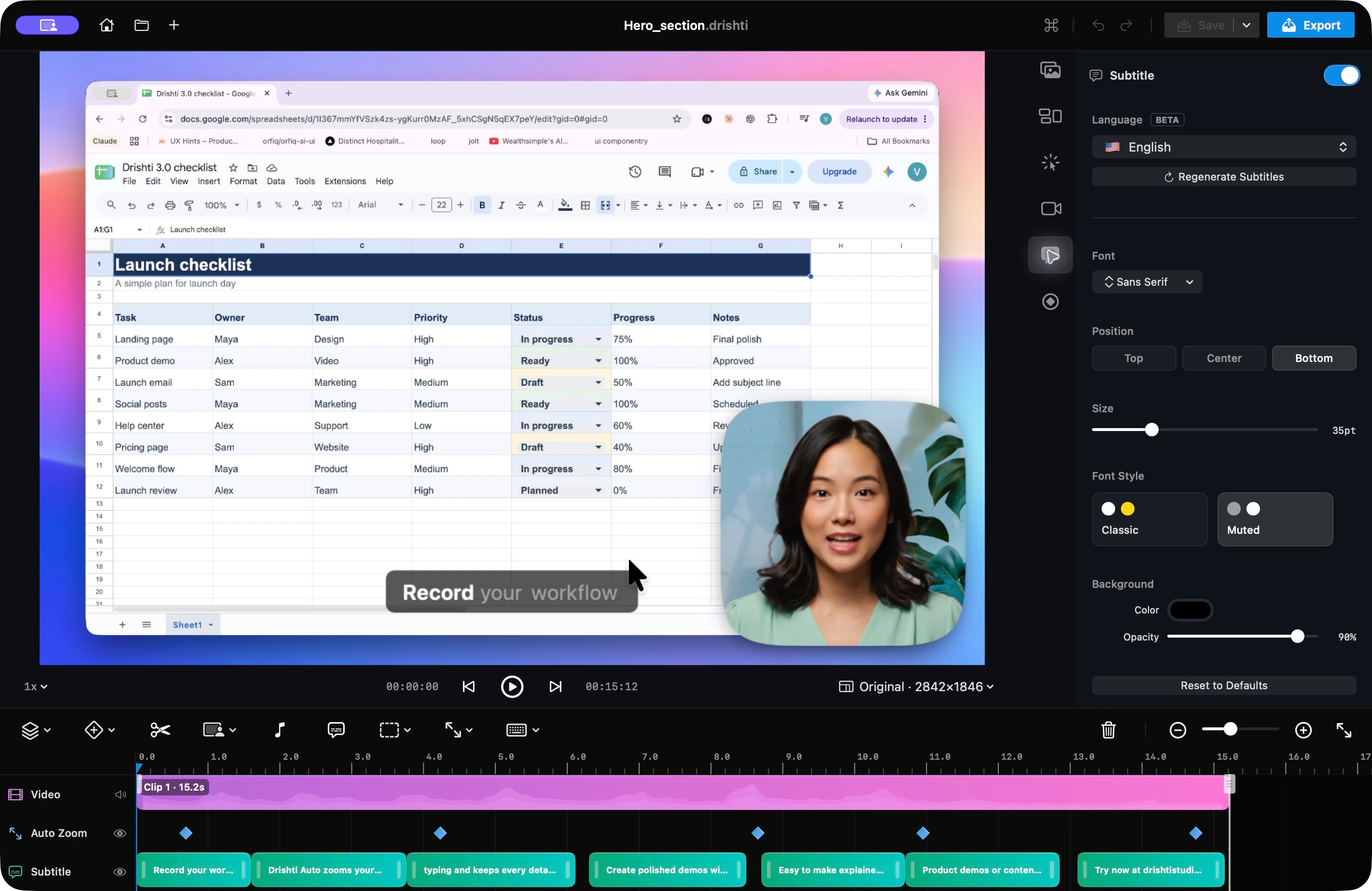 Subtitle inspector with English language, Regenerate Subtitles, Sans Serif font, Top Center Bottom positions, Size, Classic and Muted styles, background color and opacity, and Reset to Defaults