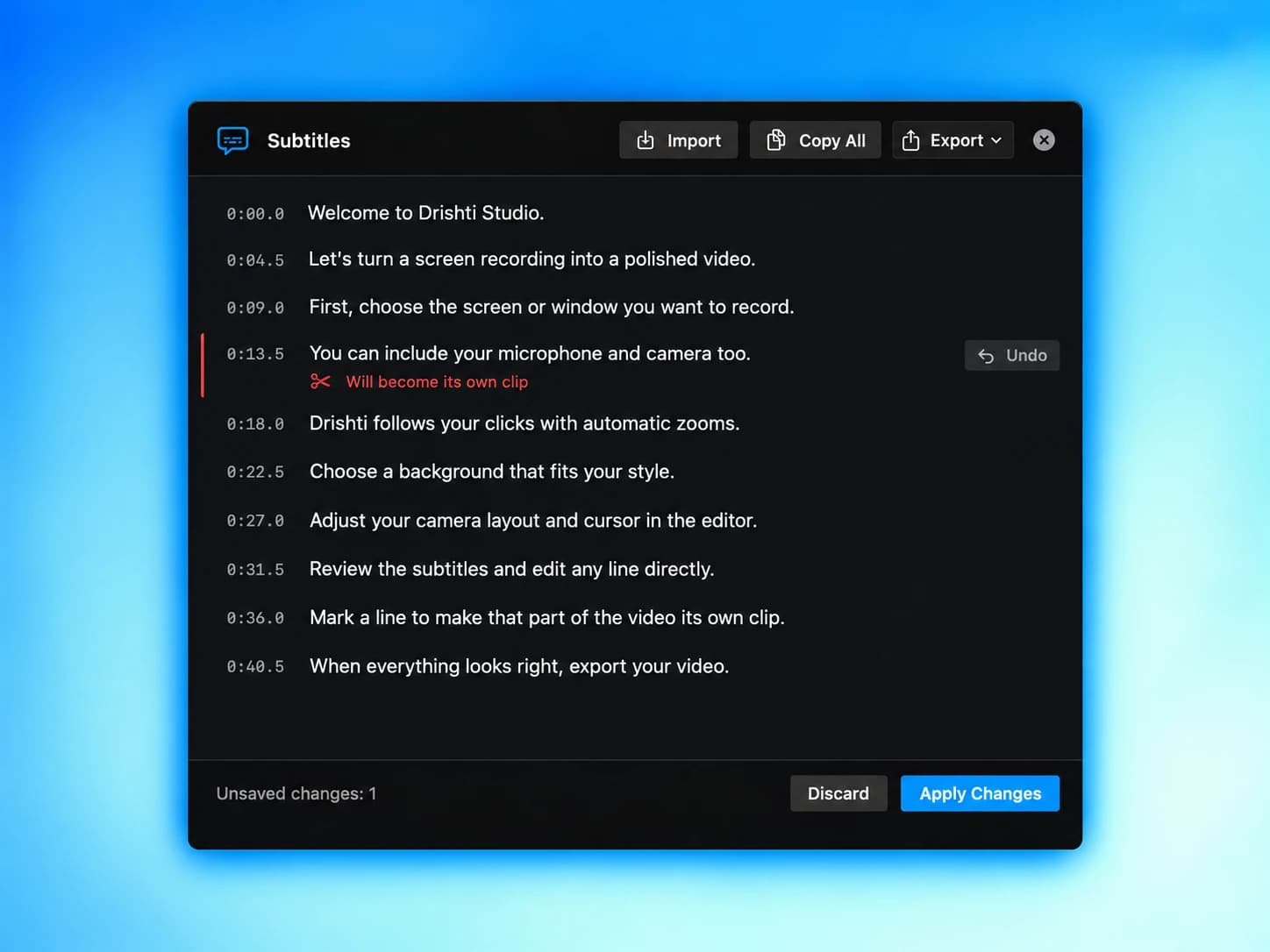 The Subtitles popup after Cut is pressed on the 0:13.5 caption, showing a red marker, Will become its own clip, Undo, and an Unsaved changes footer with Apply Changes