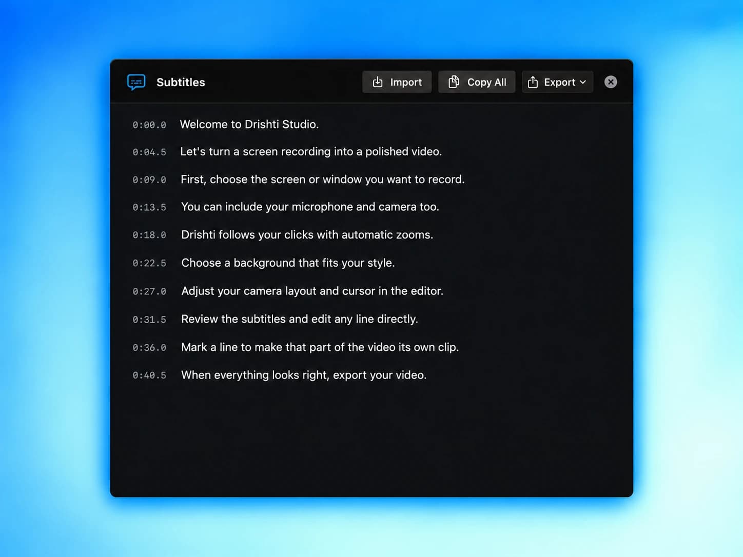 The Subtitles popup with timestamped sample tutorial captions and Import, Copy All, and Export controls