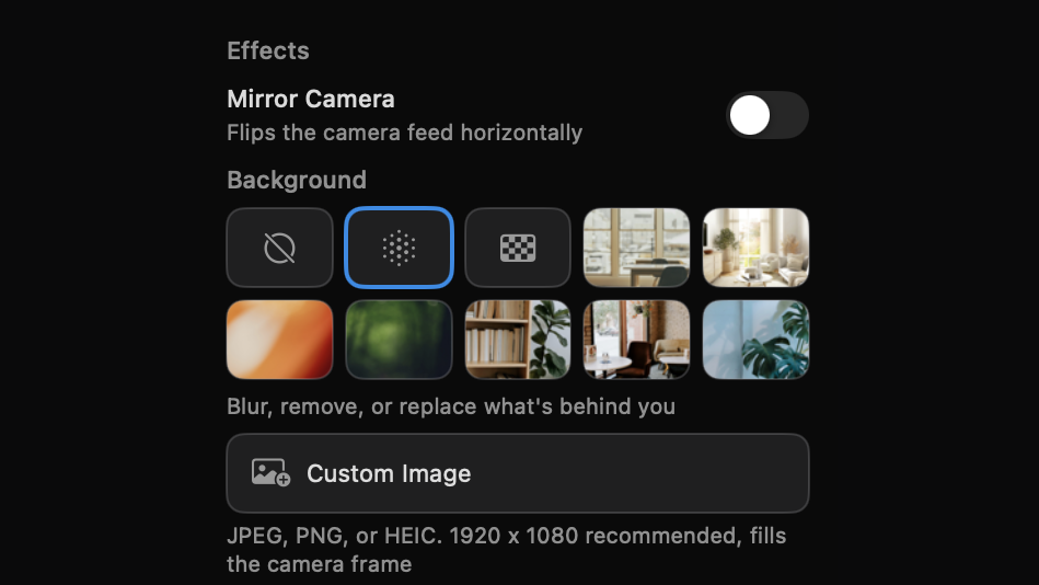 The Camera Background picker showing None, Blur, Transparent, seven photo presets, and a Custom Image button